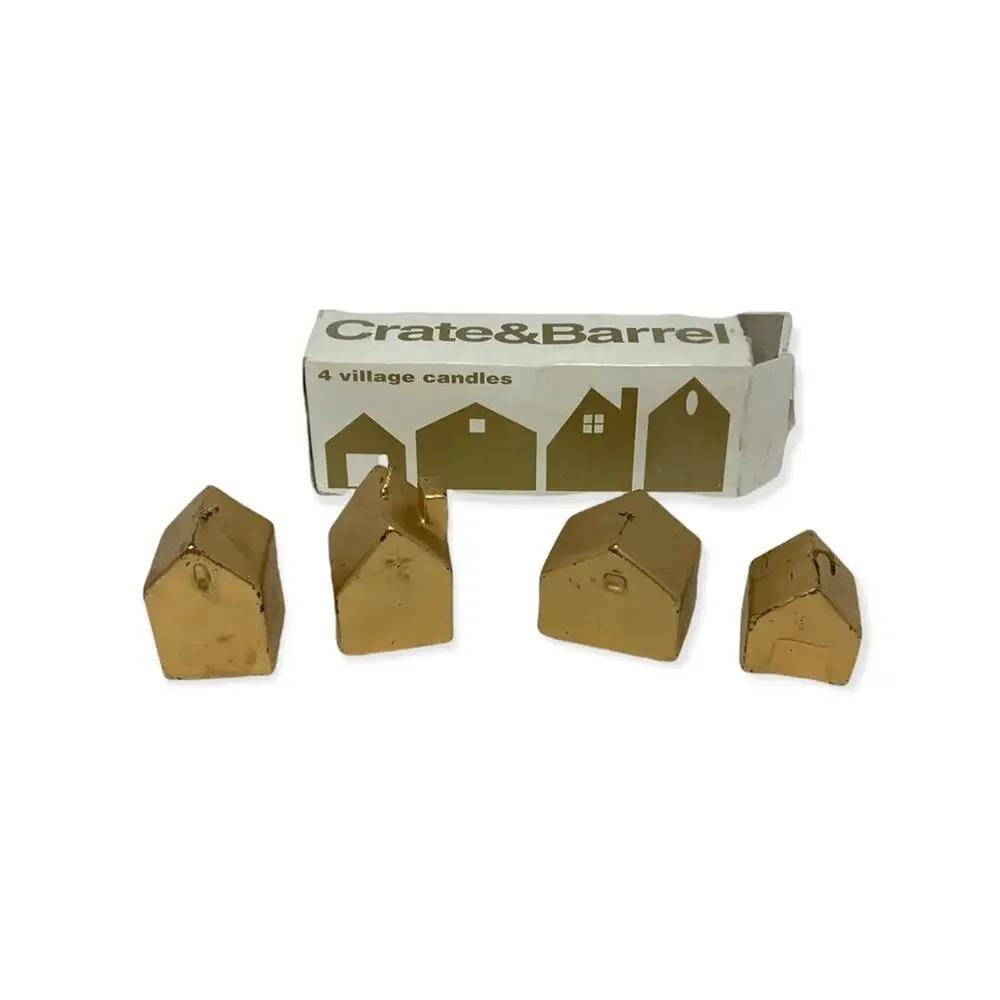 Crate & Barrel Vintage Gold Set of 4 Christmas Holiday Village Candles